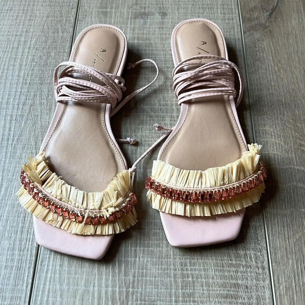 NWOT Anthropologie Embellished Tie Up Pink/Rose Raffia Square Toe Sandals